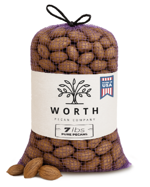 Seven 7 pound bag of pure South Georgia pecans with Worth Pecan Company label on a white background